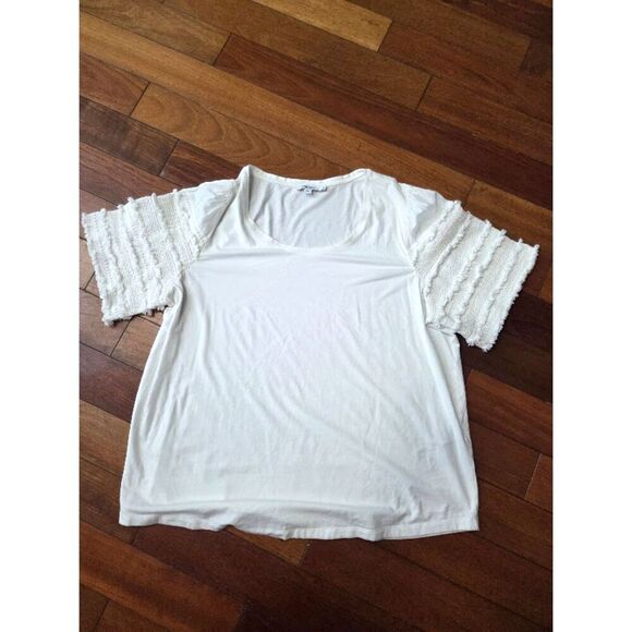 Chico's White Pima Cotton/Modal Crew Neck 3/4 Crochett Fringe Sleeves size XXL - Picture 3 of 8